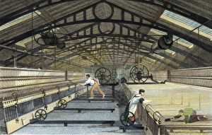 Cotton manufacture: mule spinning. Note boy on right employed to crawl under threads & sweep up Cotton manufacture: mule spinning. Note boy on right employed to crawl under threads & sweep up