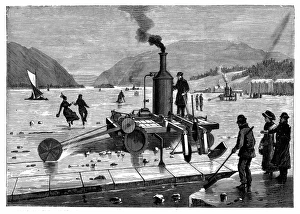 Cutting ice on the St Lawrence river, Canada, using a steam-powered saw. In background Cutting ice on the St Lawrence river, Canada, using a steam-powered saw. In background