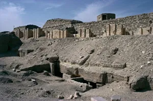 Egypt, Ancient Memphis, Necropolis of Saqqara, funerary complex of Gioser, ruins and walls Egypt, Ancient Memphis, Necropolis of Saqqara, funerary complex of Gioser, ruins and walls