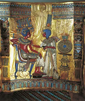 Egyptian civilization, Tutankhamens treasures, back of throne inlaid with cornelian, turquoise and lapis lazuli Egyptian civilization, Tutankhamens treasures, back of throne inlaid with cornelian, turquoise and lapis lazuli