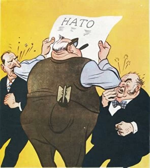 Elbowed out, britain and france elbowed out of leadership role in nato by the us, anti-us propaganda cartoon by boris yefimov published in soviet magazine krokodil, ussr, 1962