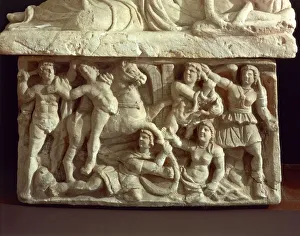 Detail of Etruscan funerary urn depicting Achilles killing Troilus by walls of Troy Detail of Etruscan funerary urn depicting Achilles killing Troilus by walls of Troy