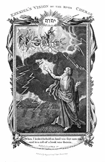 Ezekiels vision of chariot in sky and a hand in the clouds holding out a book to him, c Ezekiels vision of chariot in sky and a hand in the clouds holding out a book to him, c