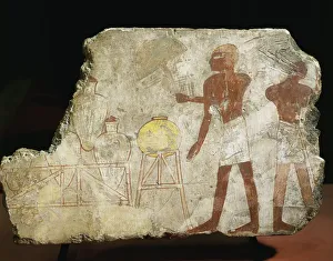 Fragment of painting on lemon wood depicting servants and amphora on their stands, from Thebes Fragment of painting on lemon wood depicting servants and amphora on their stands, from Thebes