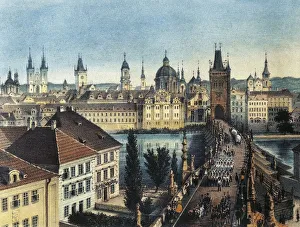 Germany, Bayreuth, View of Prague with Charles Bridge, color print Germany, Bayreuth, View of Prague with Charles Bridge, color print