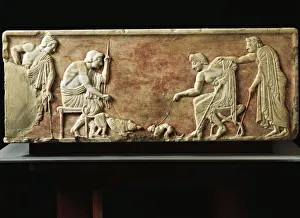 Greek Civilization, Stele depicting fight between dog and cat, Relief from Kerameikos necropolis in Athens, Greece Greek Civilization, Stele depicting fight between dog and cat, Relief from Kerameikos necropolis in Athens, Greece
