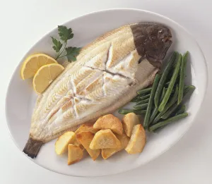 Grilled Dover sole served with green beans, potatoes and lemon slices, view from above Grilled Dover sole served with green beans, potatoes and lemon slices, view from above