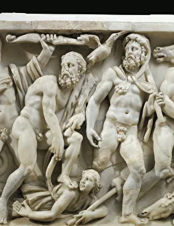Hercules with birds of Lake Stymphalos and dead Diomedes, from Sarcophagus of Labours of Hercules Hercules with birds of Lake Stymphalos and dead Diomedes, from Sarcophagus of Labours of Hercules
