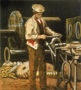 British Industrial Heritage Sites Prints: The Engineer using a file on an engine part held in a vise. Engineers made and maintained