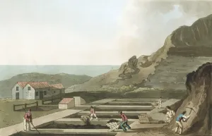 Prints of General view of an Alum works in the Whitby area. From George Walker The Costume of Yorkshire Leeds 1814, Aquatint Leeds Prints: General View of an Alum Works Print