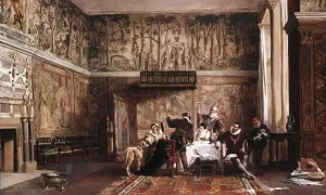 Prints of Interior of Haddon Hall by John Laslett Pott (1837-1901). British history painter, showing Haddon Hall near Bakewell, Derbyshire in Elizabethan times Rutland Prints: Print of Haddon Hall in Elizabethan times