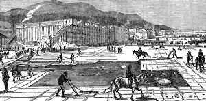 Ice gathering on the Hudson River near New York. Horse-drawn cutters used to cut blocks Ice gathering on the Hudson River near New York. Horse-drawn cutters used to cut blocks