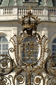 Italy, Piedmont Region, Stupinigi, entrance gate with House of Savoy coat of arms at Royal hunting lodge Italy, Piedmont Region, Stupinigi, entrance gate with House of Savoy coat of arms at Royal hunting lodge