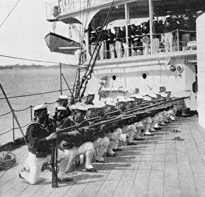 Japanese marines drilling on board the warship Mikasa Japanese marines drilling on board the warship Mikasa