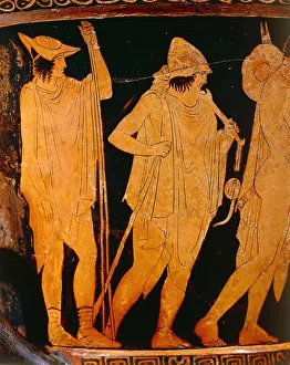 Krater depicting young man wearing tunic and petasos, 5th Century B.C Krater depicting young man wearing tunic and petasos, 5th Century B.C