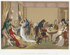 La Bouillotte, early 19th century. Scene of men and women in French Empire fashons La Bouillotte, early 19th century. Scene of men and women in French Empire fashons