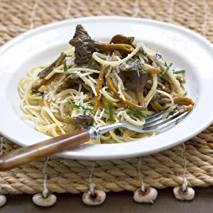Linguini pasta with trumpet chanterelle mushrooms and grated cheese Linguini pasta with trumpet chanterelle mushrooms and grated cheese