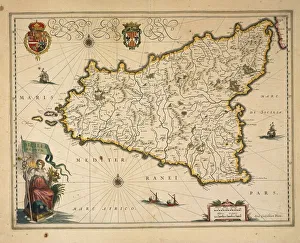 Map of Sicily, by Willem Blaeu, from Regionum Italiae, engraving Map of Sicily, by Willem Blaeu, from Regionum Italiae, engraving