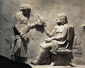 Detail of Marble relief portraying Euripides receiving tragic mask as sign of acknowledgment, from Smyrna, Turkey Detail of Marble relief portraying Euripides receiving tragic mask as sign of acknowledgment, from Smyrna, Turkey