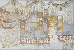 Miniature fresco depicting a naval fleet leaving dock, from the west house of Thera or Santorini, Greece Miniature fresco depicting a naval fleet leaving dock, from the west house of Thera or Santorini, Greece