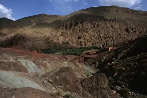 Morocco, Atlas Mountains, Dades Gorges area, Dades Valley, Rock formations with built structures on steep mountain Morocco, Atlas Mountains, Dades Gorges area, Dades Valley, Rock formations with built structures on steep mountain