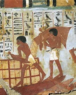 New Kingdom, Fragment of wall painting depicting scene of grain loading, from the tomb of Unsu at west Thebes, detail New Kingdom, Fragment of wall painting depicting scene of grain loading, from the tomb of Unsu at west Thebes, detail