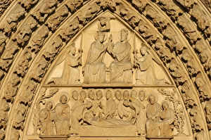 Notre Dame of Paris cathedral Virgins Gate tympanum Marys coronation and dormition (death) Notre Dame of Paris cathedral Virgins Gate tympanum Marys coronation and dormition (death)