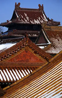 Old Imperial Temple roofs in the snow in Beiling Park, Shenyang China Old Imperial Temple roofs in the snow in Beiling Park, Shenyang China
