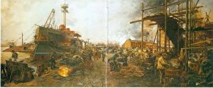 Painting depicting German naval construction yard Painting depicting German naval construction yard