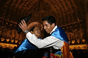 Images Dated 17th July 2000: Peruvian dancing outside Notre Dame of Paris cathedral