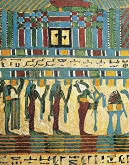 Plastered and painted wood panel detail with judgment chamber and god Osiris followed by divinities Plastered and painted wood panel detail with judgment chamber and god Osiris followed by divinities