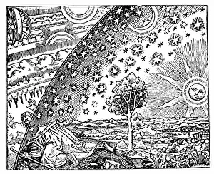 Reconstruction of medieval conception of the universe showing a flat earth surrounded Reconstruction of medieval conception of the universe showing a flat earth surrounded