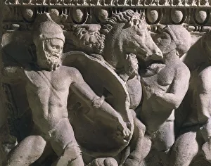 Relief depicting battle between Greeks and Trojans, from Monastery of Santa Giulia, Brescia, Italy Relief depicting battle between Greeks and Trojans, from Monastery of Santa Giulia, Brescia, Italy