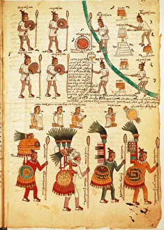 Reproduction of page Codex Mendoza with illustration of Aztec warriors armed with lances and shields, 16th Century Reproduction of page Codex Mendoza with illustration of Aztec warriors armed with lances and shields, 16th Century
