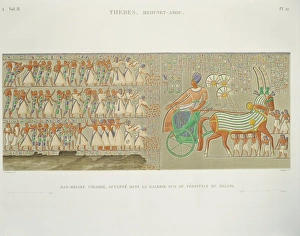 Reproduction of painted bas relief in south passage of Palace of Medinet Habu Reproduction of painted bas relief in south passage of Palace of Medinet Habu