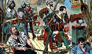 The Revenge under command of Sir Richard Grenville (c1542-91) engaging Spanish fleet off Flores The Revenge under command of Sir Richard Grenville (c1542-91) engaging Spanish fleet off Flores
