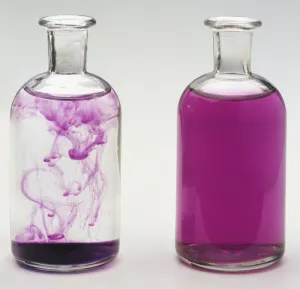 Science Experiments Prints: Two glass flasks containing Potassium in solution