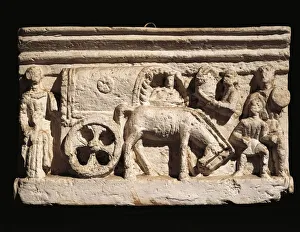 Small clay urn depicting an Etruscan wagon Small clay urn depicting an Etruscan wagon