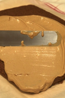 Spreading cream cake filling over layer of chocolate sponge cake Spreading cream cake filling over layer of chocolate sponge cake