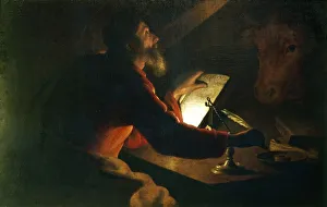 St Luke the Evangelist writing his gospel watched by his symbol, an ox. French School, 17th century St Luke the Evangelist writing his gospel watched by his symbol, an ox. French School, 17th century