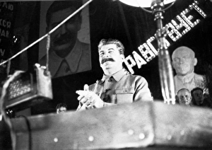 Stalin speaks at the opening ceremonies celebating the first subway line, hall of columns, house of unions, moscow Stalin speaks at the opening ceremonies celebating the first subway line, hall of columns, house of unions, moscow