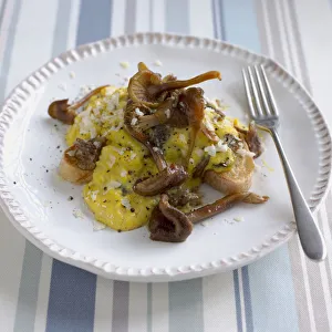 Trumpet chanterelles with scrambled eggs and parmesan cheese, served on a plate with a fork Trumpet chanterelles with scrambled eggs and parmesan cheese, served on a plate with a fork