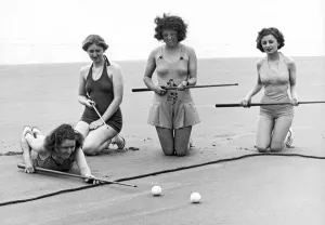 Vintage Beachwear Prints: Four Girls Playing Sand Pool
