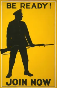 Prints of Silhouette of Soldier with Rifle and Bayonet, Be Ready! Join Now, World War I Recruitment Poster, Parliamentary Recruiting Committee, United Kingdom, 1915. (Photo by: Universal History Archive/UIG) Related Prints: Silhouette of Soldier with Rifle and Bayonet Print, 1915