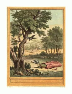 Hand-colored Etching Print of a Crow, Gazelle, Tortoise, and Rat