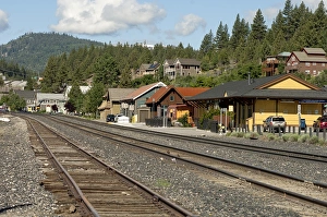 USA, California, North Lake Tahoe, Truckee Railway Station below forested hills USA, California, North Lake Tahoe, Truckee Railway Station below forested hills