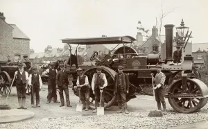Prints of Postcard of Workers in front of an Antique Steamroller. Northamptonshire, England, UK, Postcard of Workers in front of an Antique Steamroller Vintage Postcard Prints: Print of Workers in Front of an Antique Steamroller