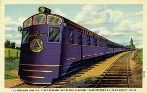 Prints of View of the Abraham Lincoln streamlined diesel electric train. Train is traveling through the countryside Vintage Postcard Prints: Abraham Lincoln Streamlined Diesel Electric Train Print
