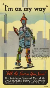 Prints of Postcard of the Embalming Chemical Man. ca Vintage Postcard Prints: Print of Embalming Chemical Man, a man made of bottles