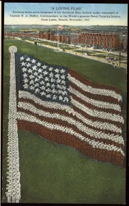 Prints of Postcard of Sailors Forming American Flag. ca. November 1917, A LIVING FLAG Covering seven acres composed of ten thousand Blue Jackets under command of Captain W. A Vintage Postcard Prints: Print of Sailors Forming American Flag, Great Lakes Naval Training Station